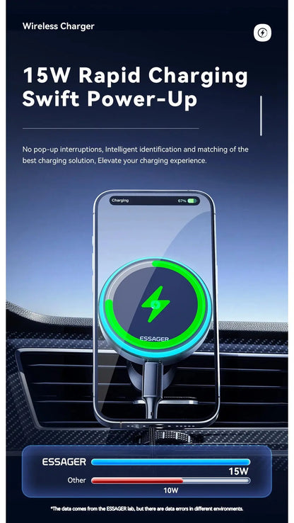 Essager Magnetic Car Phone Holder 15W Wireless Charger Stand For iPhone 17 16 15 14 Max Car Mount Charger for Magsafe LED Light - Ai - TechWorld