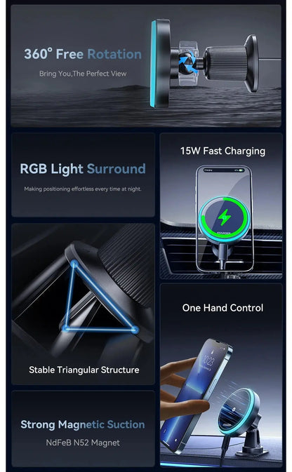 Essager Magnetic Car Phone Holder 15W Wireless Charger Stand For iPhone 17 16 15 14 Max Car Mount Charger for Magsafe LED Light - Ai - TechWorld