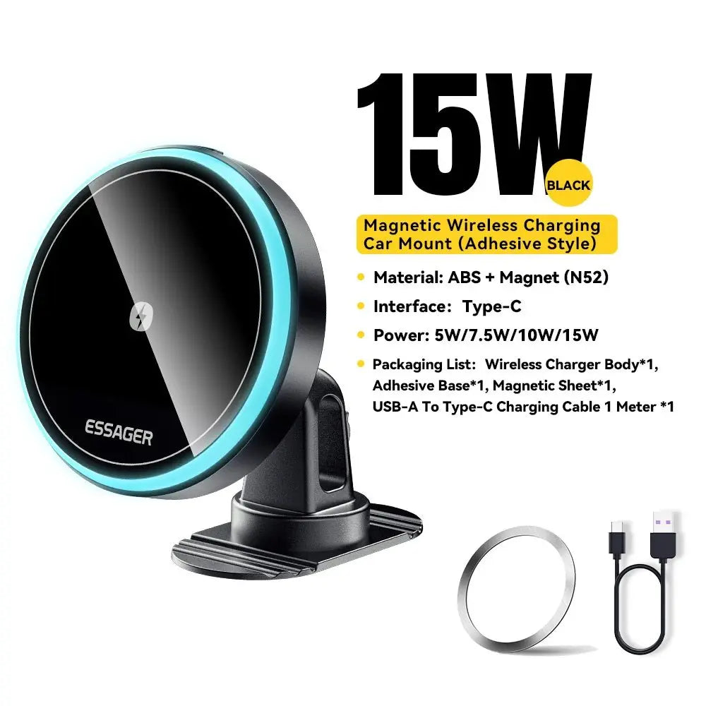 Essager Magnetic Car Phone Holder 15W Wireless Charger Stand For iPhone 17 16 15 14 Max Car Mount Charger for Magsafe LED Light - Ai - TechWorld