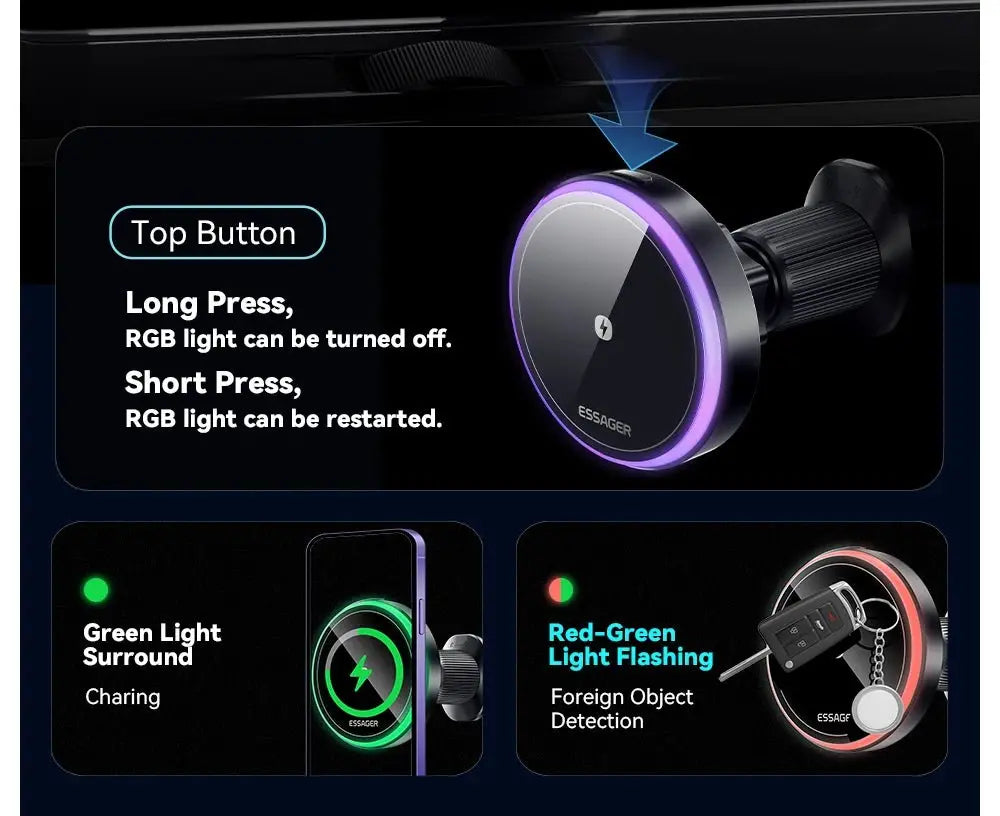 Essager Magnetic Car Phone Holder 15W Wireless Charger Stand For iPhone 17 16 15 14 Max Car Mount Charger for Magsafe LED Light - Ai - TechWorld