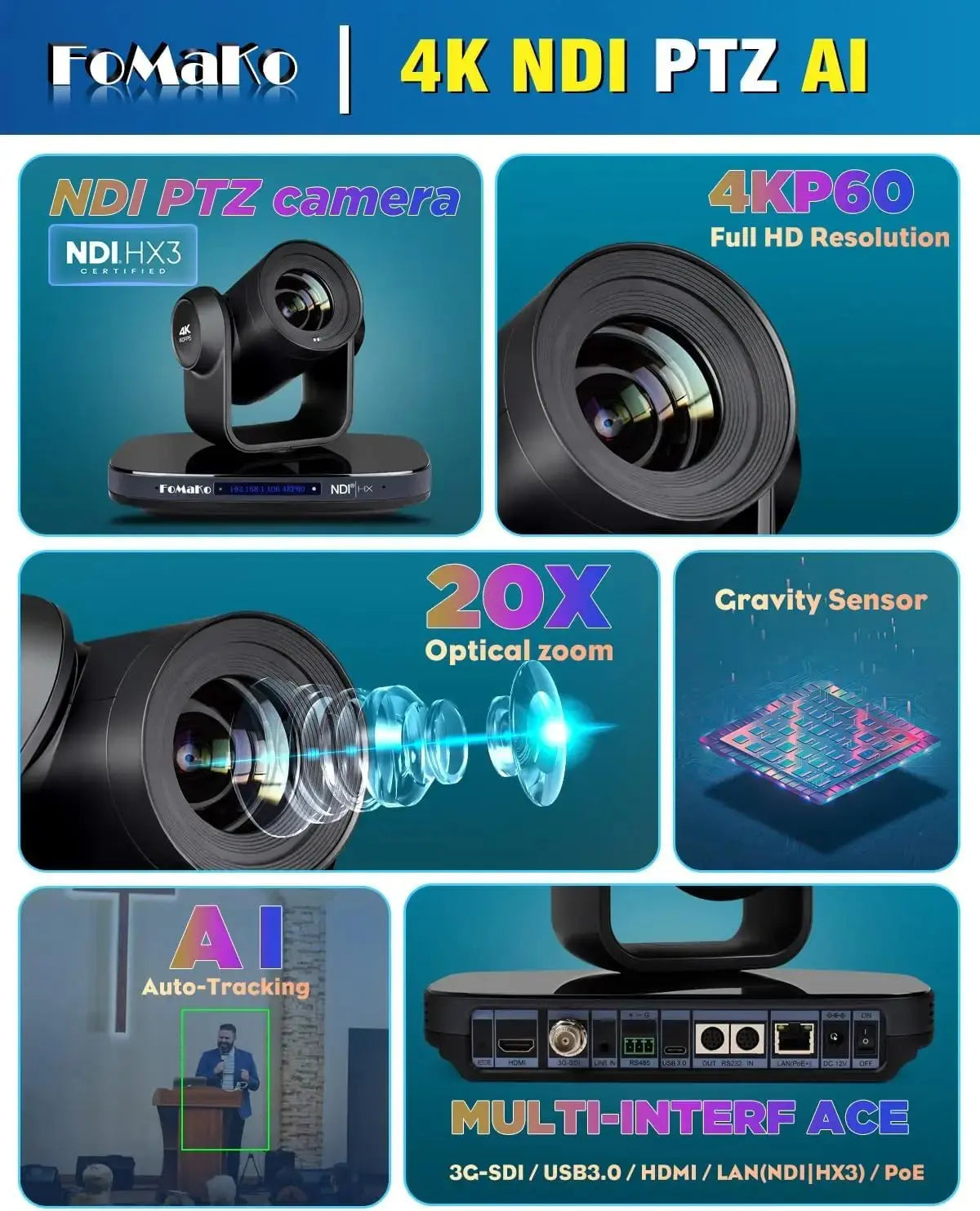 FoMaKo 4K PTZ Bundle NDI Camera 60FPS 20X Optical Zoom + KC608 IP PTZ Controller, 2pcs K820N+1pcs KC608 pro PTZ Camera Bundle - Ai - TechWorld