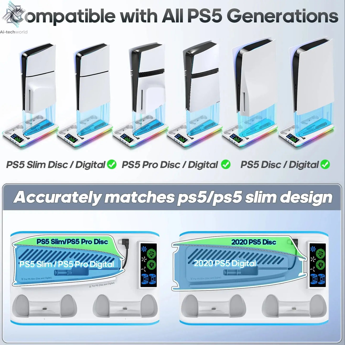 for PS5/PS5 Slim/PS5 Pro Stand with Headphone Hook Cooling Stand & Controller Charging Station for PS5 With 3 Levels Cooling Fan Ai-TechWorld 