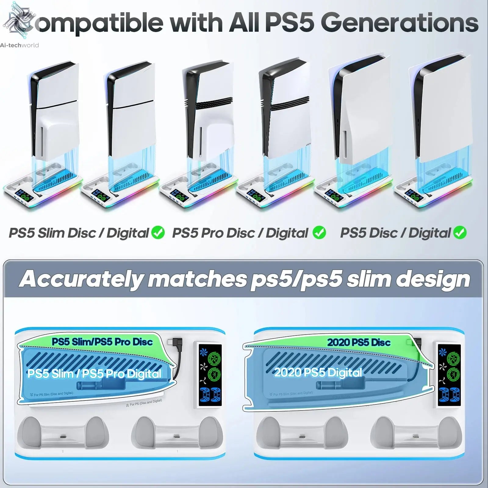 for PS5/PS5 Slim/PS5 Pro Stand with Headphone Hook Cooling Stand & Controller Charging Station for PS5 With 3 Levels Cooling Fan Ai-TechWorld 