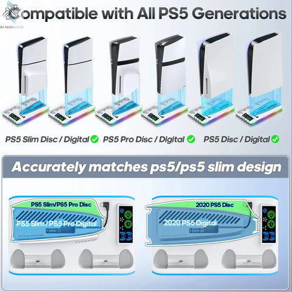for PS5/PS5 Slim/PS5 Pro Stand with Headphone Hook Cooling Stand & Controller Charging Station for PS5 With 3 Levels Cooling Fan Ai-TechWorld 