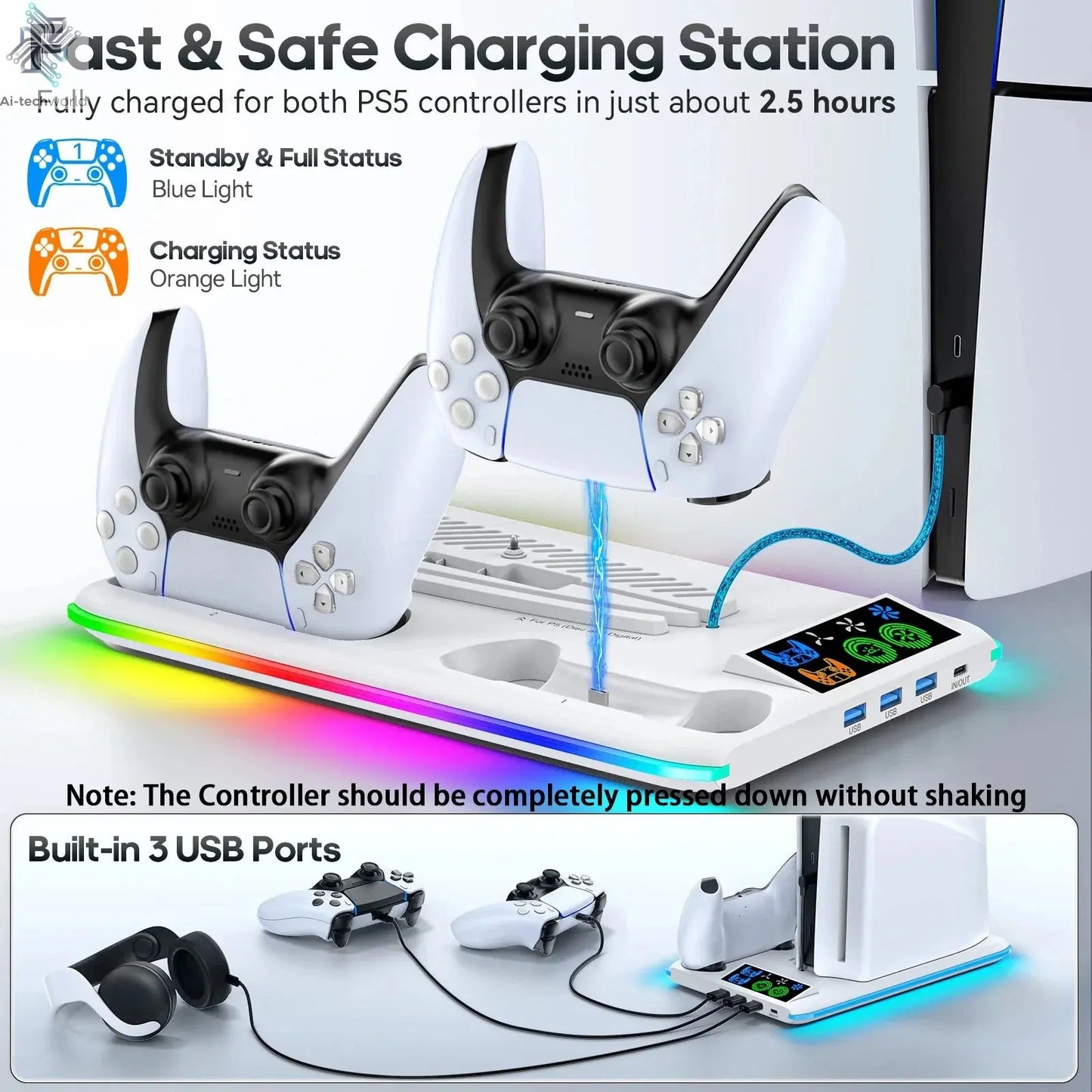 for PS5/PS5 Slim/PS5 Pro Stand with Headphone Hook Cooling Stand & Controller Charging Station for PS5 With 3 Levels Cooling Fan Ai-TechWorld 