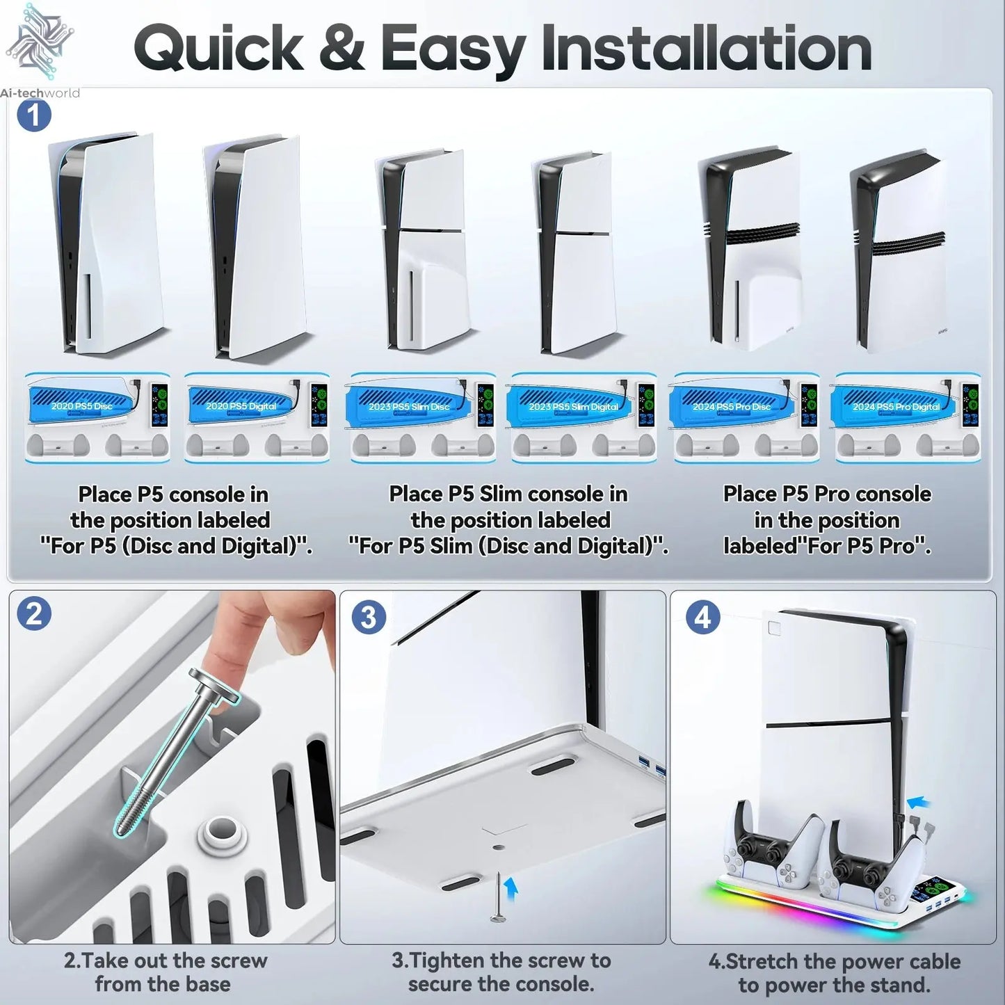 for PS5/PS5 Slim/PS5 Pro Stand with Headphone Hook Cooling Stand & Controller Charging Station for PS5 With 3 Levels Cooling Fan Ai-TechWorld 