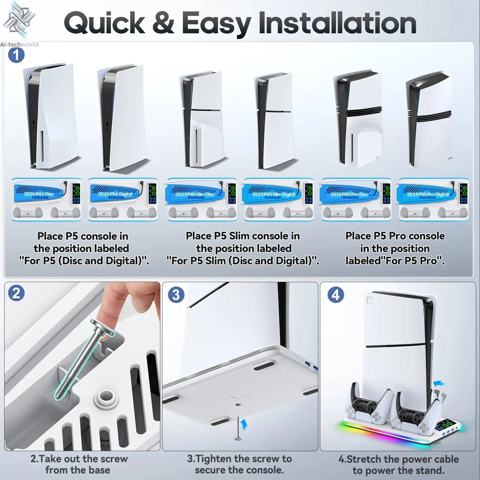 for PS5/PS5 Slim/PS5 Pro Stand with Headphone Hook Cooling Stand & Controller Charging Station for PS5 With 3 Levels Cooling Fan Ai-TechWorld 