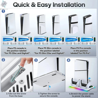 for PS5/PS5 Slim/PS5 Pro Stand with Headphone Hook Cooling Stand & Controller Charging Station for PS5 With 3 Levels Cooling Fan Ai-TechWorld 
