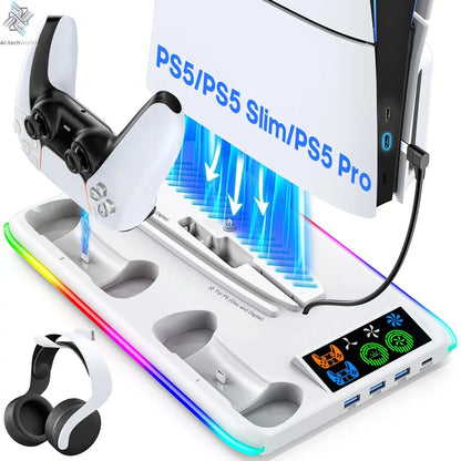 for PS5/PS5 Slim/PS5 Pro Stand with Headphone Hook Cooling Stand & Controller Charging Station for PS5 With 3 Levels Cooling Fan Ai-TechWorld 