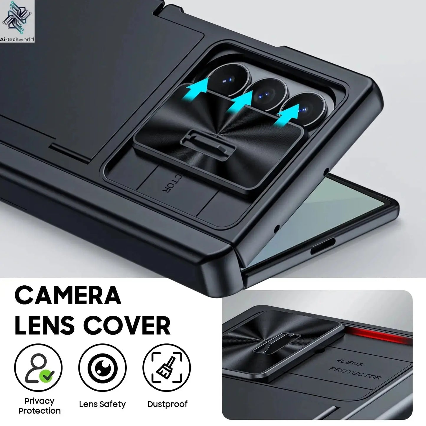 for Samsung Galaxy Z Fold 7 Case Wallet,RFID Cards Holder,Hidden bracket,Camera Cover,Shockproof Silicone Phone Case-Black Ai-TechWorld 
