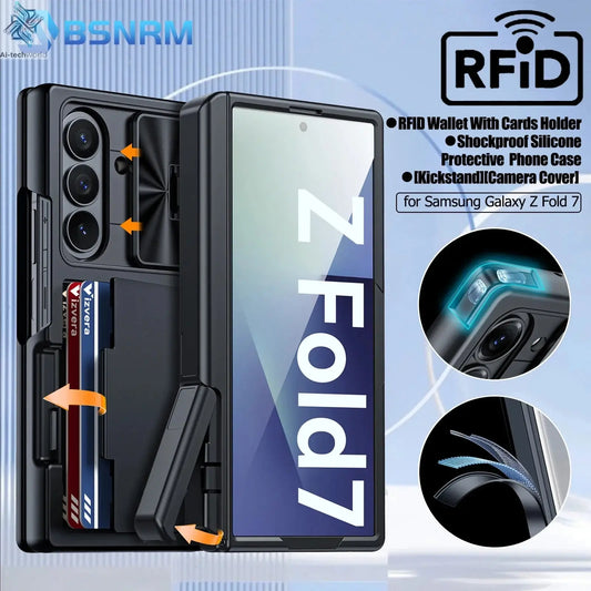 for Samsung Galaxy Z Fold 7 Case Wallet,RFID Cards Holder,Hidden bracket,Camera Cover,Shockproof Silicone Phone Case-Black Ai-TechWorld 