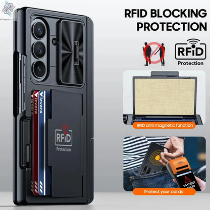 for Samsung Galaxy Z Fold 7 Case Wallet,RFID Cards Holder,Hidden bracket,Camera Cover,Shockproof Silicone Phone Case-Black Ai-TechWorld 