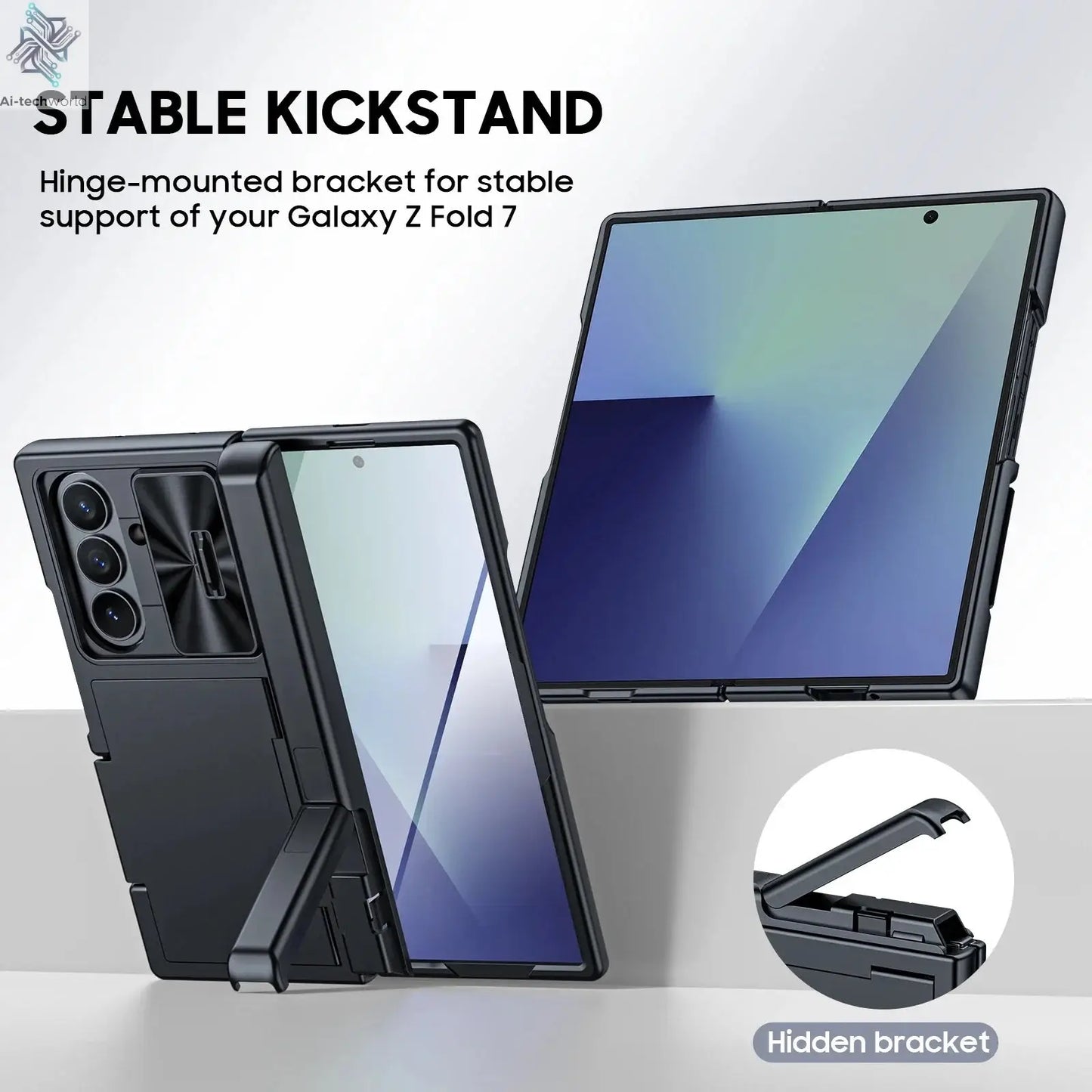 for Samsung Galaxy Z Fold 7 Case Wallet,RFID Cards Holder,Hidden bracket,Camera Cover,Shockproof Silicone Phone Case-Black Ai-TechWorld 