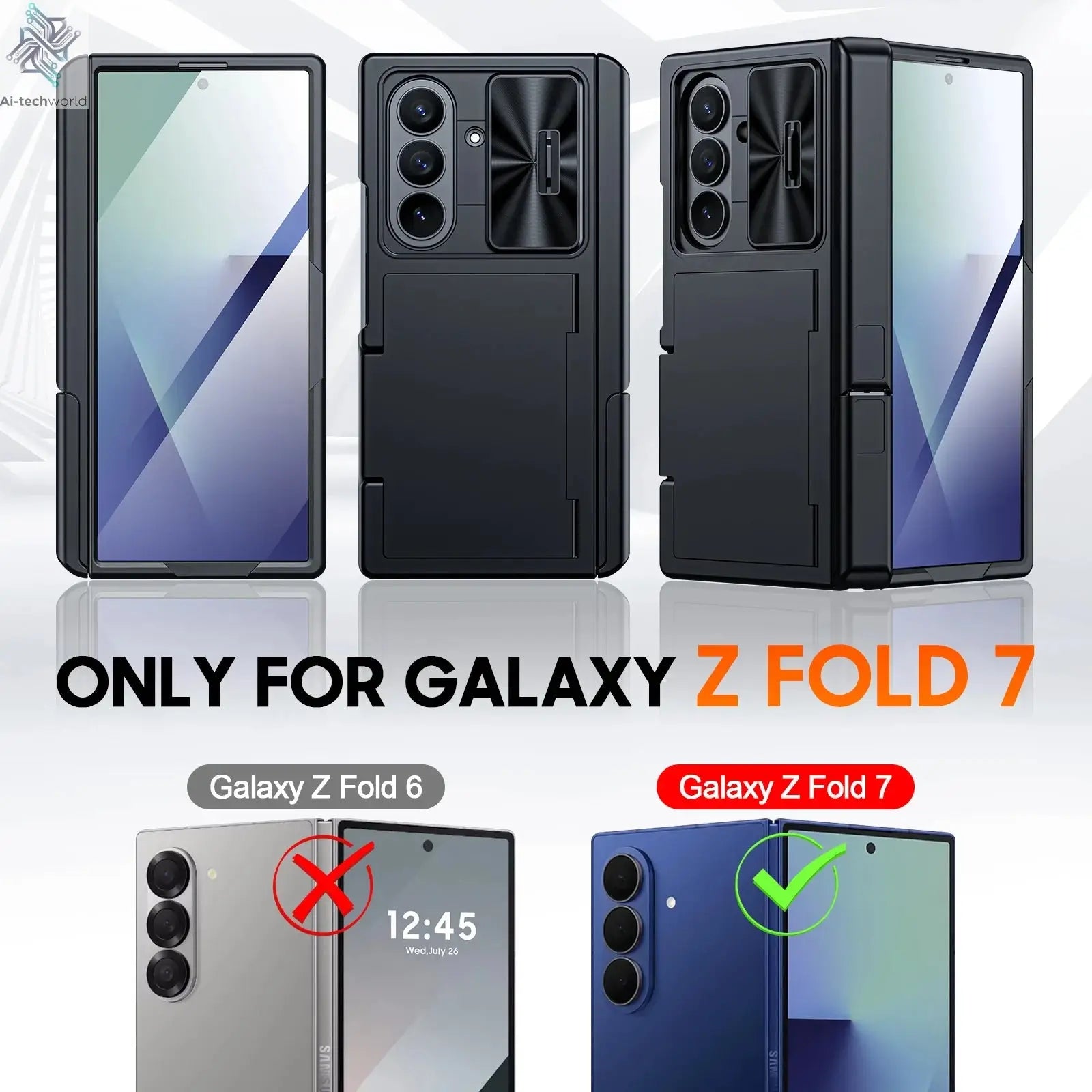 for Samsung Galaxy Z Fold 7 Case Wallet,RFID Cards Holder,Hidden bracket,Camera Cover,Shockproof Silicone Phone Case-Black Ai-TechWorld 