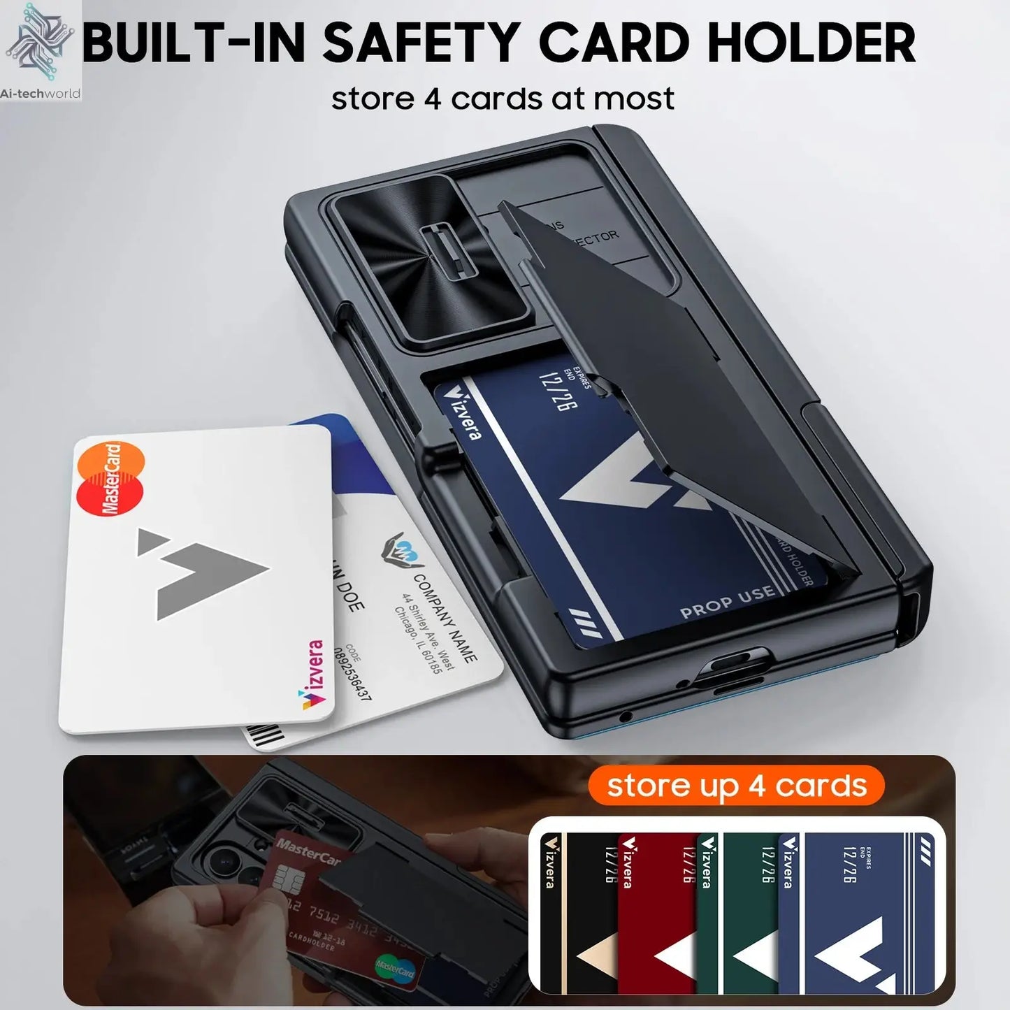 for Samsung Galaxy Z Fold 7 Case Wallet,RFID Cards Holder,Hidden bracket,Camera Cover,Shockproof Silicone Phone Case-Black Ai-TechWorld 