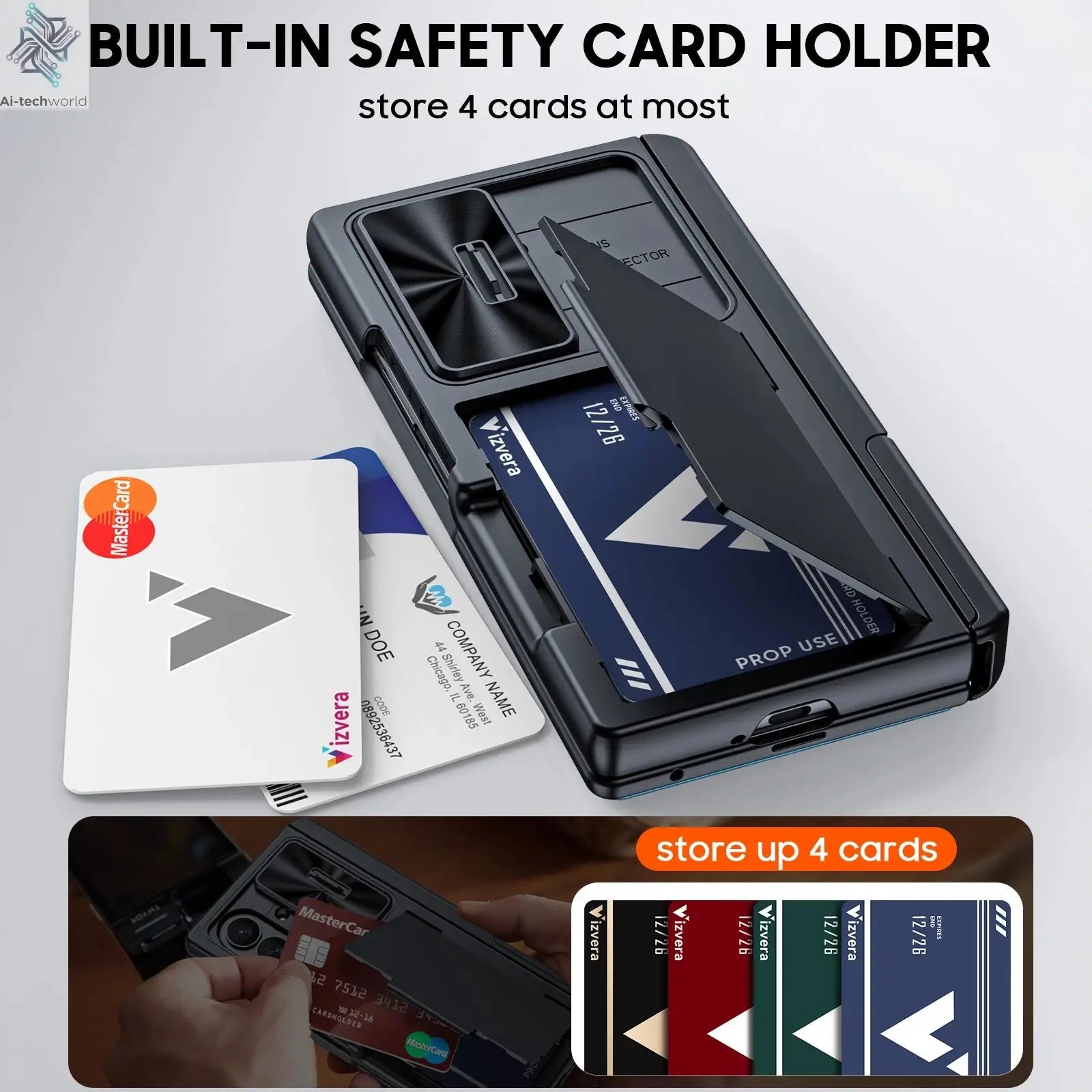 for Samsung Galaxy Z Fold 7 Case Wallet,RFID Cards Holder,Hidden bracket,Camera Cover,Shockproof Silicone Phone Case-Black Ai-TechWorld 