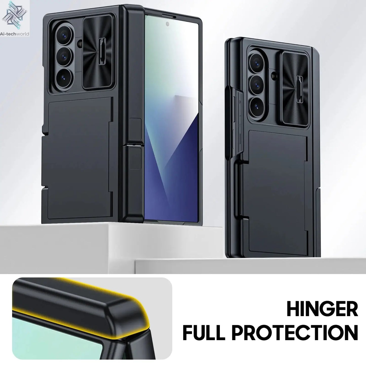 for Samsung Galaxy Z Fold 7 Case Wallet,RFID Cards Holder,Hidden bracket,Camera Cover,Shockproof Silicone Phone Case-Black Ai-TechWorld 