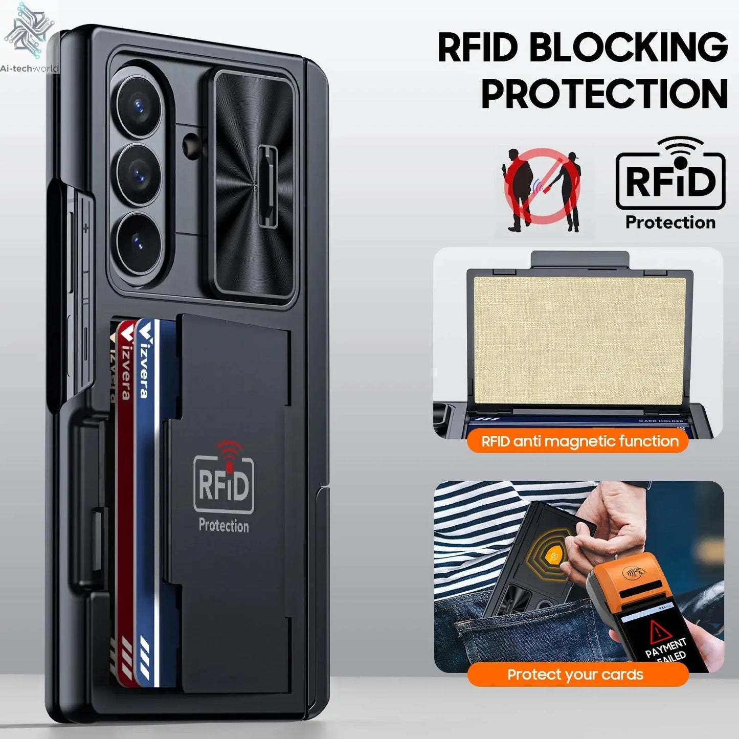 for Samsung Galaxy Z Fold 7 Case Wallet,RFID Cards Holder,Hidden bracket,Camera Cover,Shockproof Silicone Phone Case-Black Ai-TechWorld 