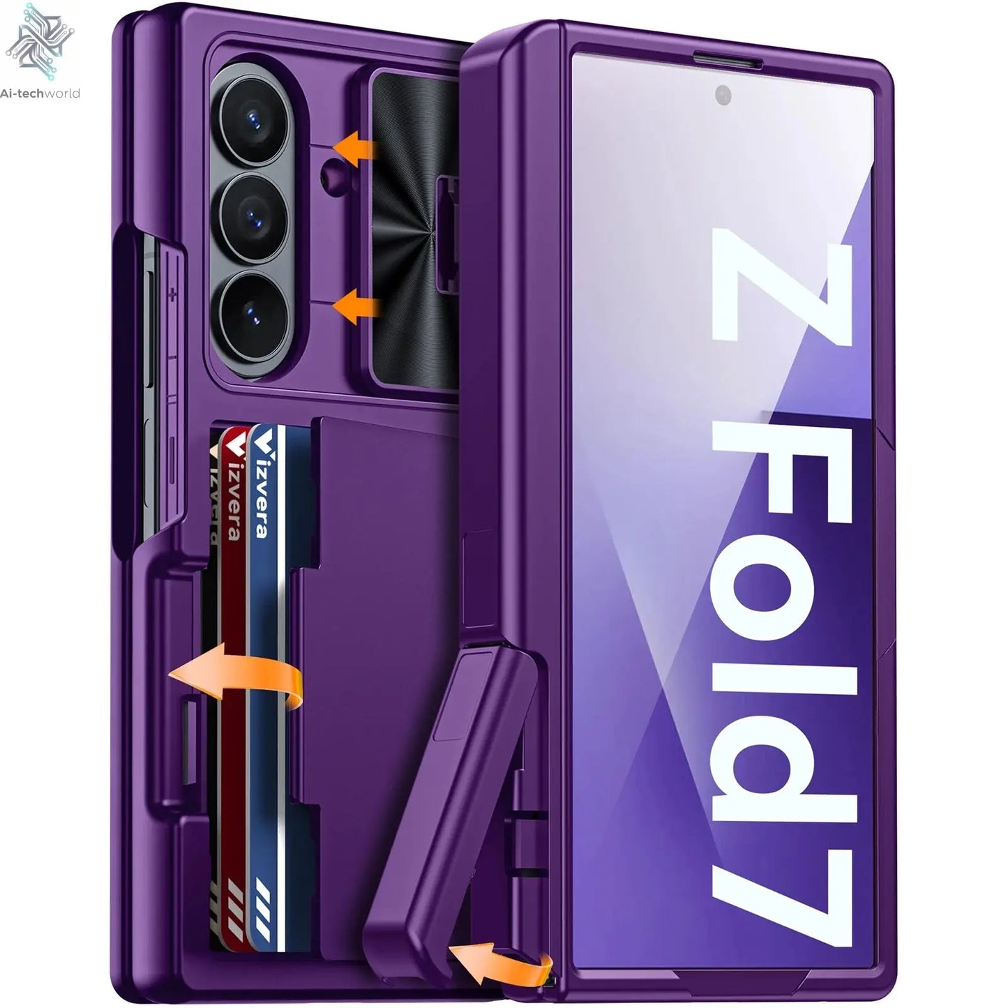 for Samsung Galaxy Z Fold 7 Case Wallet,RFID Cards Holder,Hidden bracket,Camera Cover,Shockproof Silicone Phone Case-Black Ai-TechWorld 