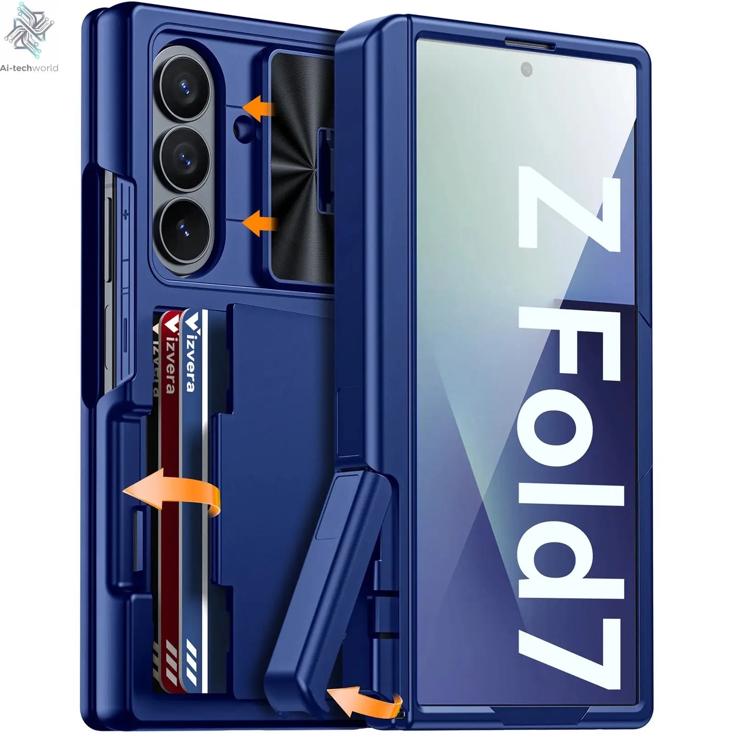 for Samsung Galaxy Z Fold 7 Case Wallet,RFID Cards Holder,Hidden bracket,Camera Cover,Shockproof Silicone Phone Case-Black Ai-TechWorld 