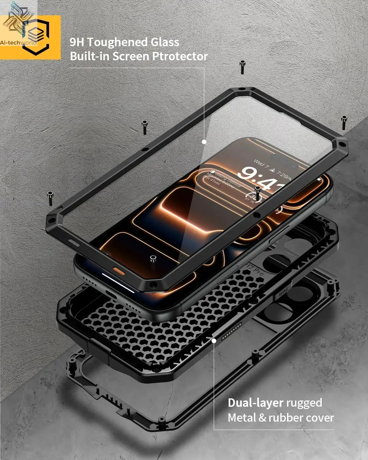 for iPhone Air 17 Pro Max 17 Pro 17 Metal Case, Heavy Duty Shockproof Tough Rugged Case with Built-in Glass Screen Protector Ai-TechWorld 