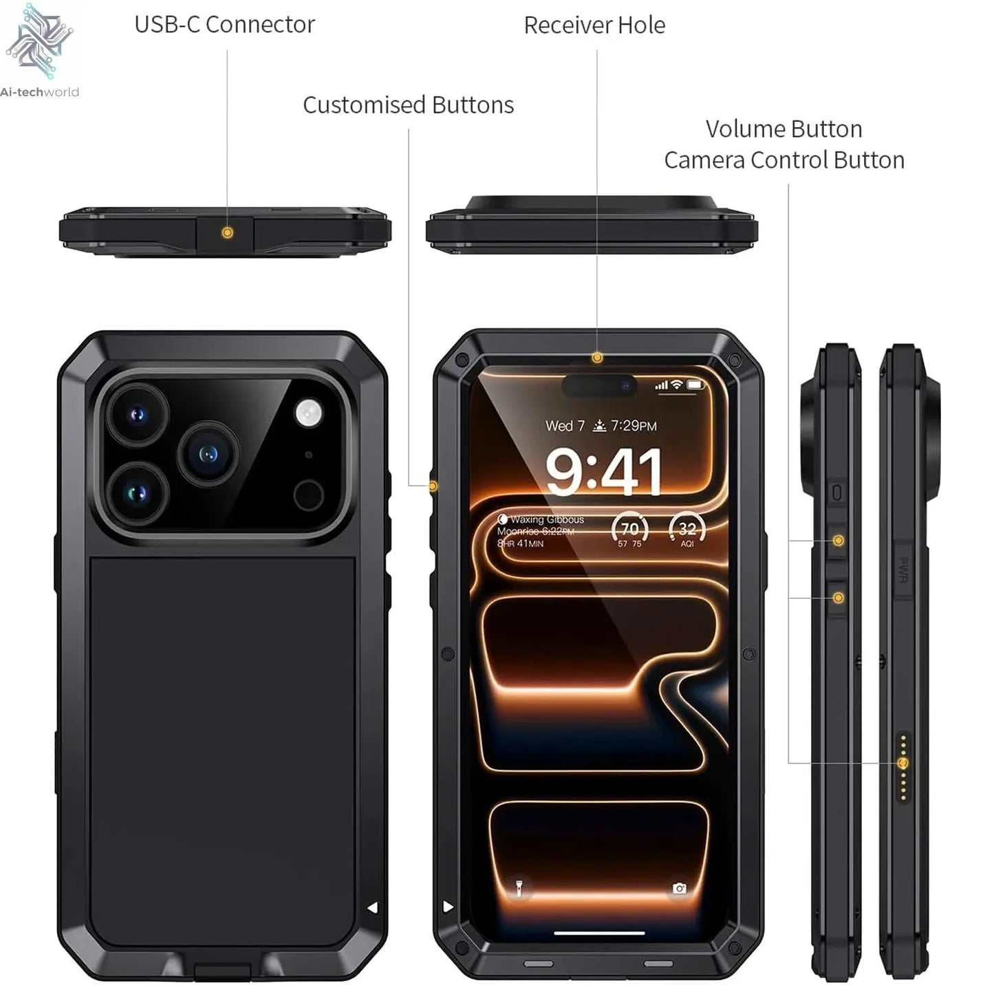 for iPhone Air 17 Pro Max 17 Pro 17 Metal Case, Heavy Duty Shockproof Tough Rugged Case with Built-in Glass Screen Protector Ai-TechWorld 