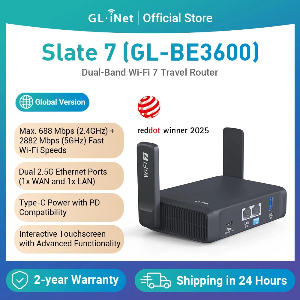 GL.iNet GL - BE3600( Slate 7) Wi - Fi 7 Router, Dual 2.5G Ports, Touch Screen, 3570Mbps Gaming Hotspot, VPN for Public & Hotel - Ai - TechWorld