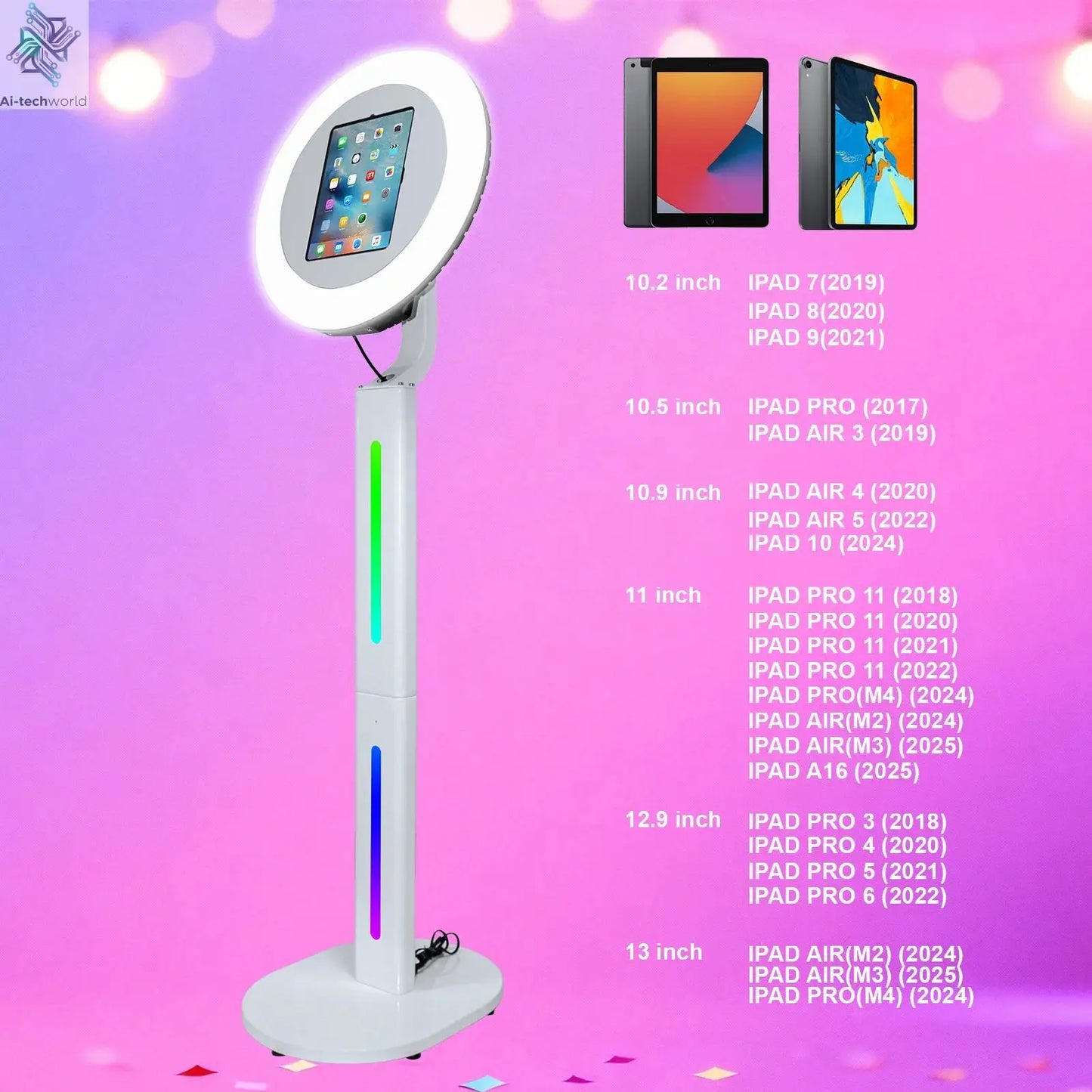 iPad Photo Booth Shell Compatible 10.2 10.5 10.9 11 12.9 13 Inch iPad Selfie Photobooth with RGB Ring Light for Wedding Party Ai-TechWorld 