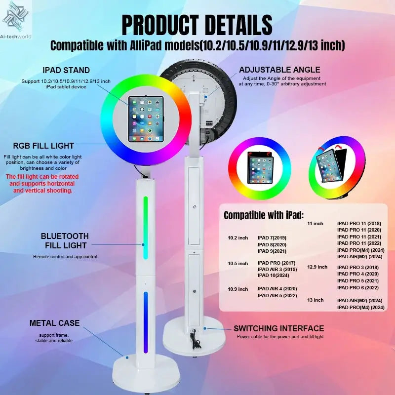 iPad Photo Booth Shell Compatible 10.2 10.5 10.9 11 12.9 13 Inch iPad Selfie Photobooth with RGB Ring Light for Wedding Party Ai-TechWorld 