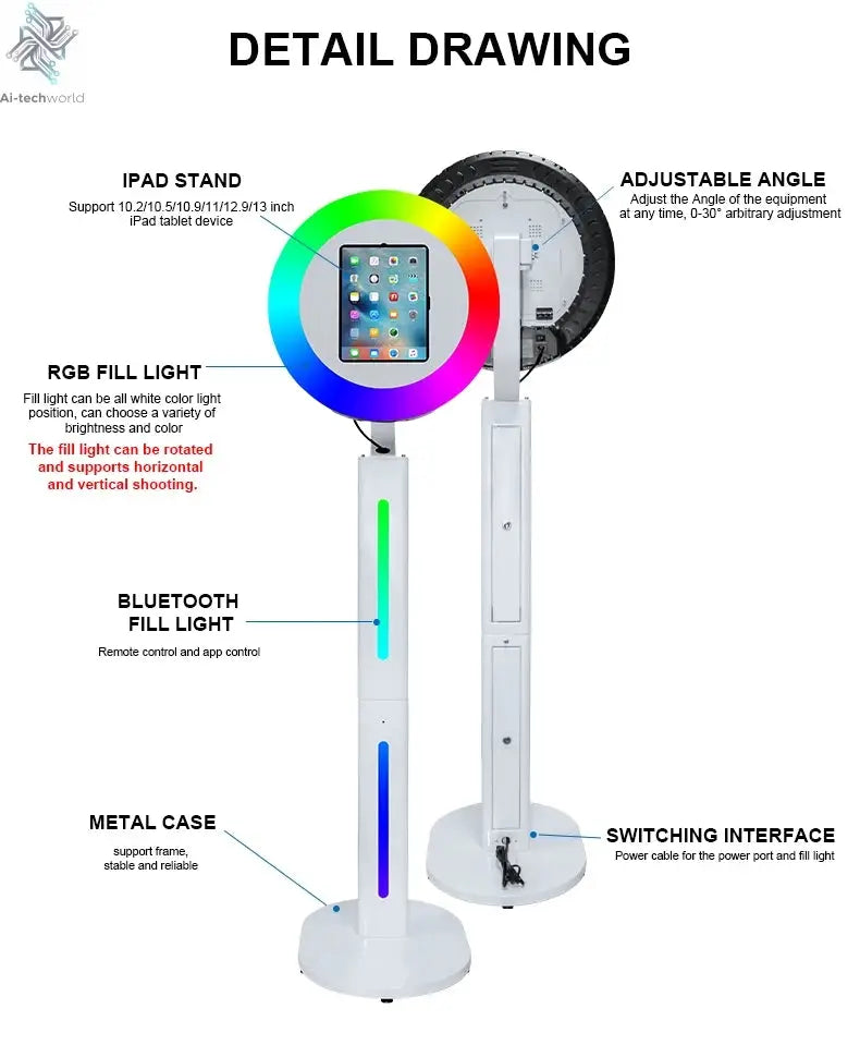 iPad Photo Booth Shell Compatible 10.2 10.5 10.9 11 12.9 13 Inch iPad Selfie Photobooth with RGB Ring Light for Wedding Party Ai-TechWorld 