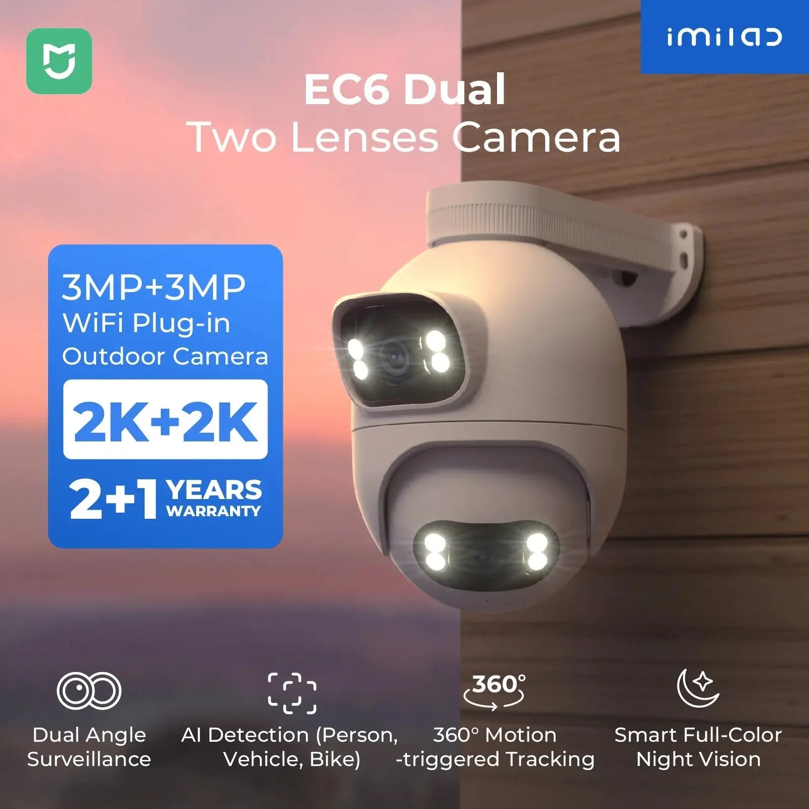 IMILAB Outdoor Surveillance Camera Dual Lens 360° PTZ Camera Colour Night Vision WiFi/LAN 7/24 Work EC6 Dual With MiHome App - Ai - TechWorld
