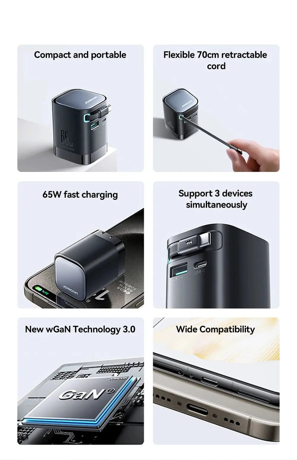 Joyroom PD 3.0 65W GaN Charger with Retractable USB C Cable Desktop Charger EU Plug Fast Charging for iPhone 16 15 Tablet Laptop - Ai - TechWorld