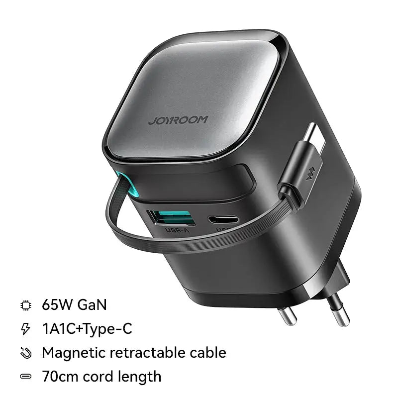 Joyroom PD 3.0 65W GaN Charger with Retractable USB C Cable Desktop Charger EU Plug Fast Charging for iPhone 16 15 Tablet Laptop - Ai - TechWorld