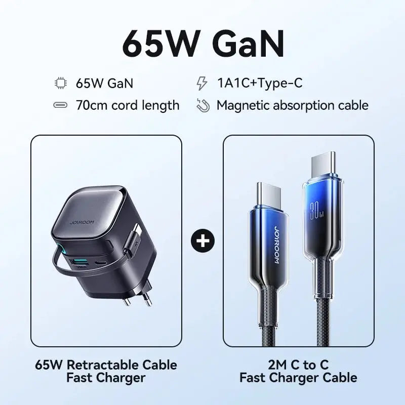 Joyroom PD 3.0 65W GaN Charger with Retractable USB C Cable Desktop Charger EU Plug Fast Charging for iPhone 16 15 Tablet Laptop - Ai - TechWorld
