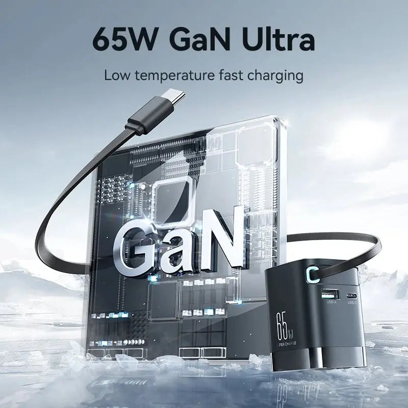Joyroom PD 3.0 65W GaN Charger with Retractable USB C Cable Desktop Charger EU Plug Fast Charging for iPhone 16 15 Tablet Laptop - Ai - TechWorld