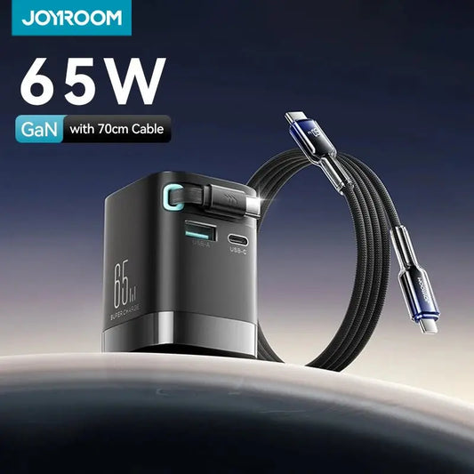 Joyroom PD 3.0 65W GaN Charger with Retractable USB C Cable Desktop Charger EU Plug Fast Charging for iPhone 16 15 Tablet Laptop - Ai - TechWorld