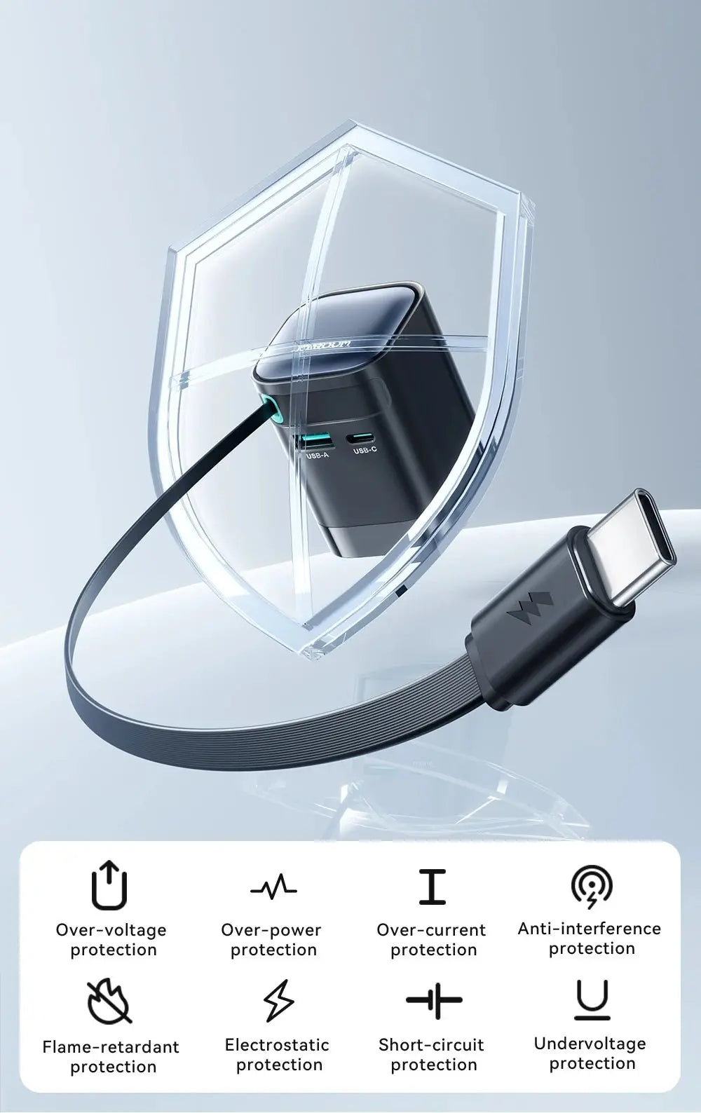 Joyroom PD 3.0 65W GaN Charger with Retractable USB C Cable Desktop Charger EU Plug Fast Charging for iPhone 16 15 Tablet Laptop - Ai - TechWorld