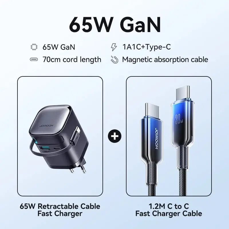 Joyroom PD 3.0 65W GaN Charger with Retractable USB C Cable Desktop Charger EU Plug Fast Charging for iPhone 16 15 Tablet Laptop - Ai - TechWorld