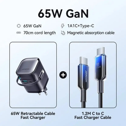 Joyroom PD 3.0 65W GaN Charger with Retractable USB C Cable Desktop Charger EU Plug Fast Charging for iPhone 16 15 Tablet Laptop - Ai - TechWorld