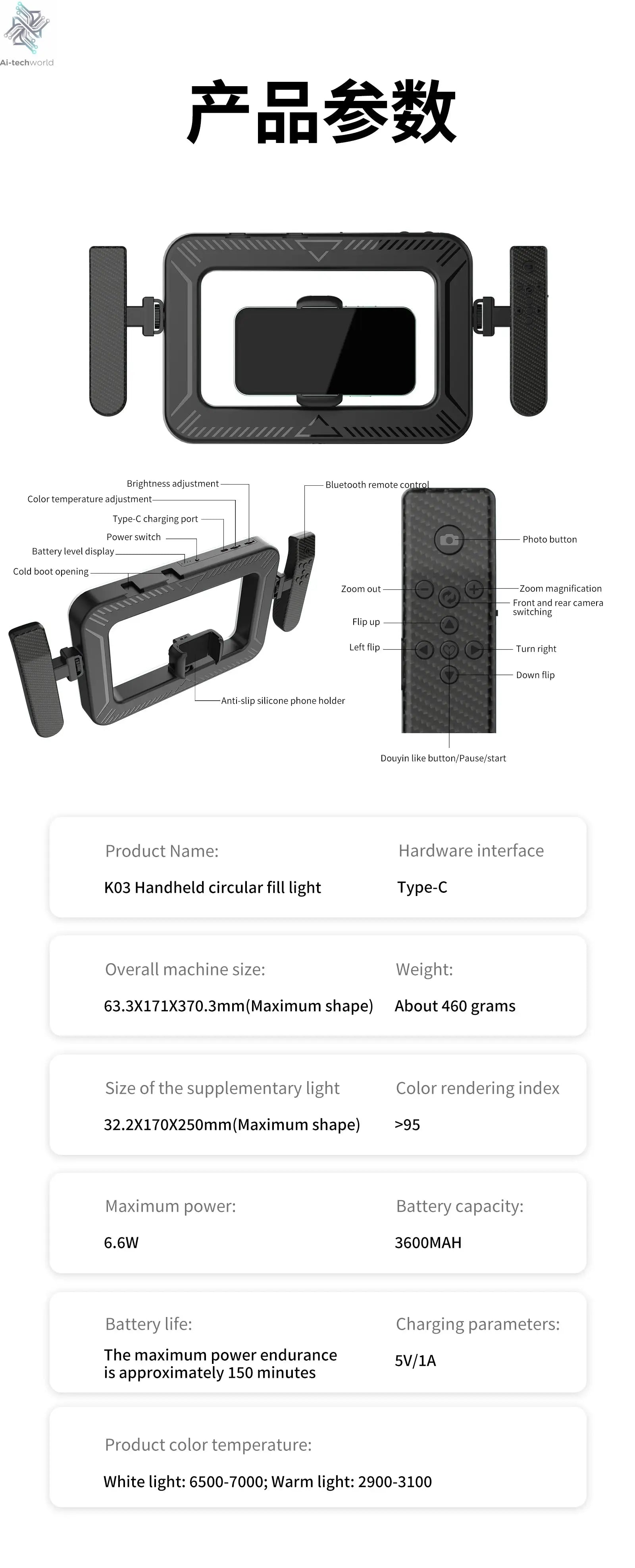 k03 Portable Handheld Ring LED Light New Rabbit Cage Lighting Photography Lamp for Mobile Live Broadcast Selfie Light Decoration Ai-TechWorld 