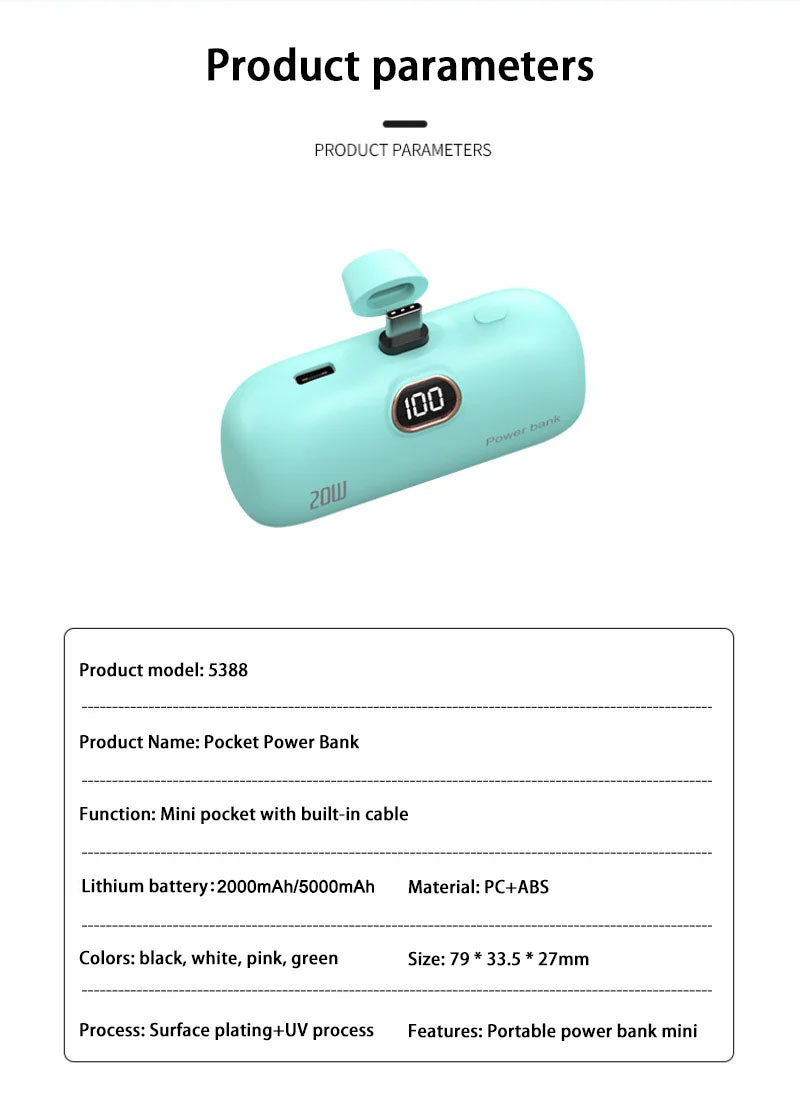 Mini Power Bank 2000/5000mAh Built Cable Portable Mobile Charger Fast Charger Spare Battery Capsule Power bank For iPhone Type-C Ai-TechWorld