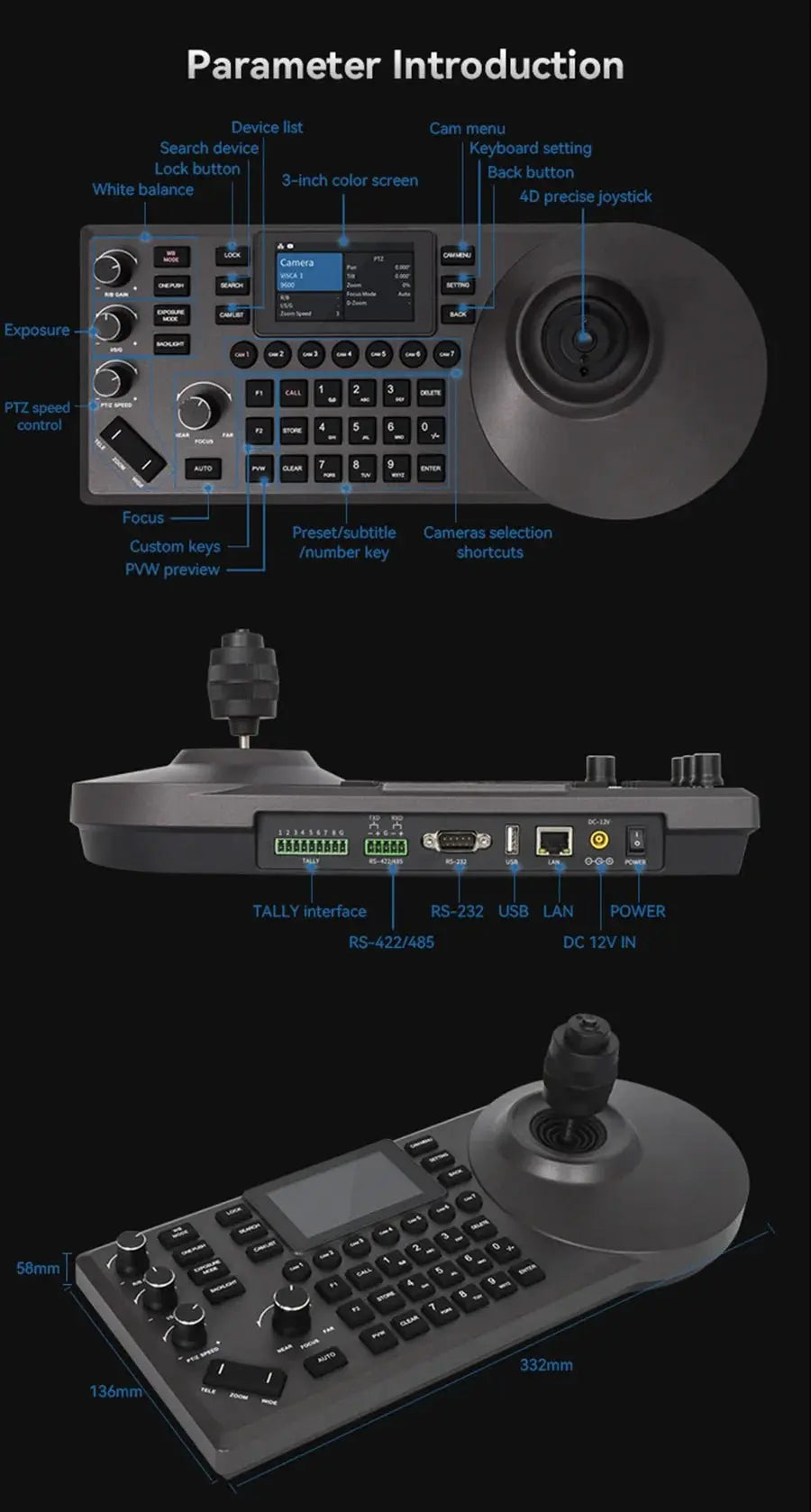 NDI PTZ Camera Joystick Controller POE 3" Preview LCD PTZ Controller Keyboard with 4D Joystick for Broadcast Church Live Streami - Ai - TechWorld