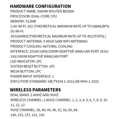 New XIAOMI Router BE5000 WiFi 7 5011Mbps 2.5GHz Network Port 512MB Memory Dual Broadband Access Network Security Protection CN - Ai - TechWorld
