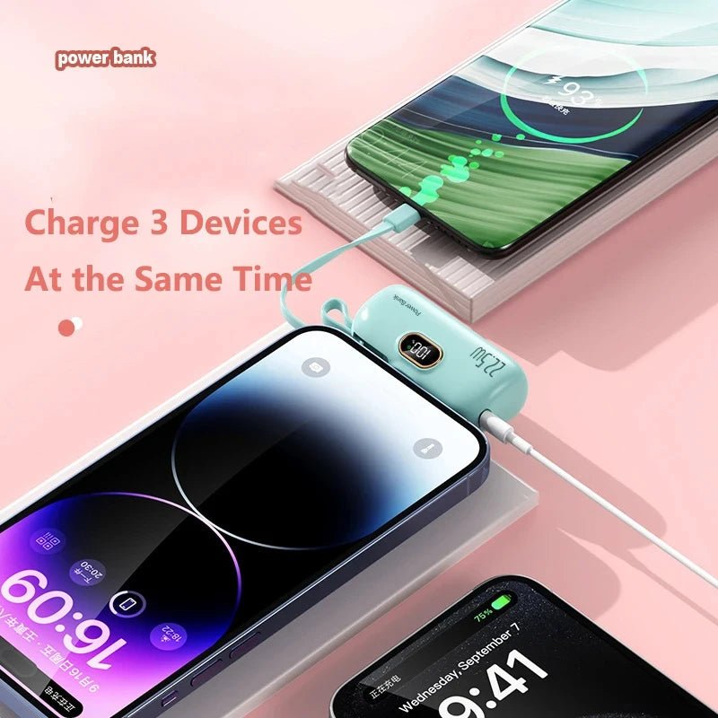 Portable Mini Power Bank Type C Plug Built in Cable 22.5W Fast Charging for iPhone Samsung Xiaomi External Battery Ai-TechWorld