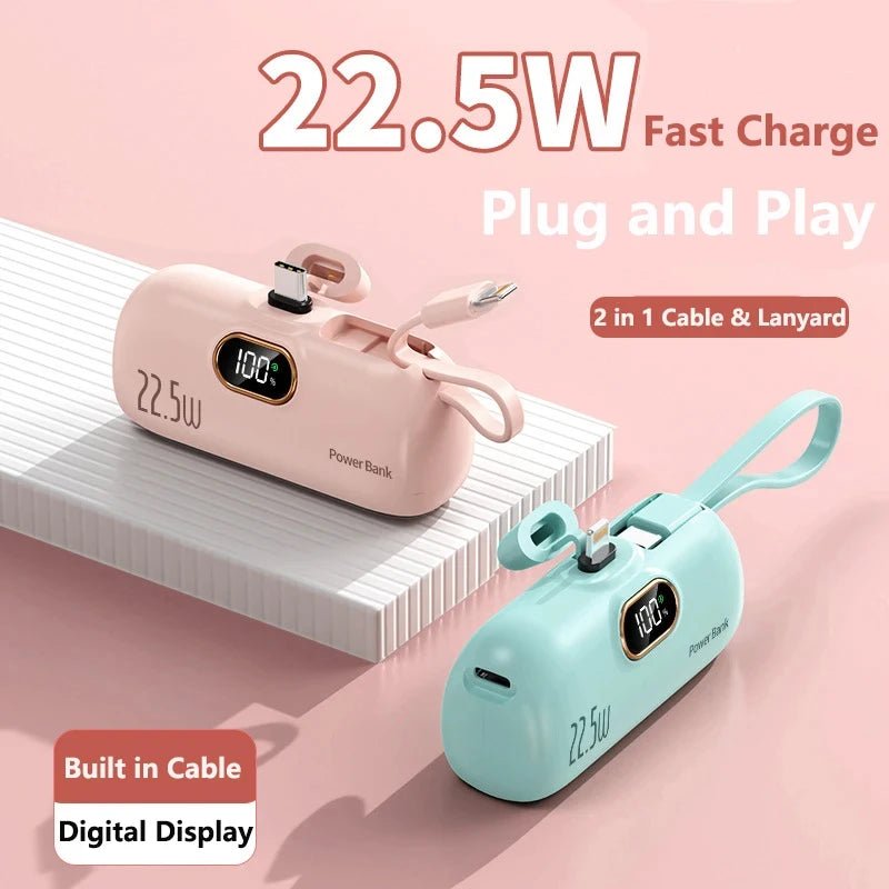 Portable Mini Power Bank Type C Plug Built in Cable 22.5W Fast Charging for iPhone Samsung Xiaomi External Battery Ai-TechWorld