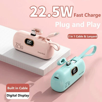 Portable Mini Power Bank Type C Plug Built in Cable 22.5W Fast Charging for iPhone Samsung Xiaomi External Battery Ai-TechWorld