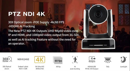 Runpu 4K NDI Camera 60FPS 30X Optical Zoom AI Auto Tracking PTZ Conference Camera with PoE HDMI SDI USB for Live Streaming OBS - Ai - TechWorld