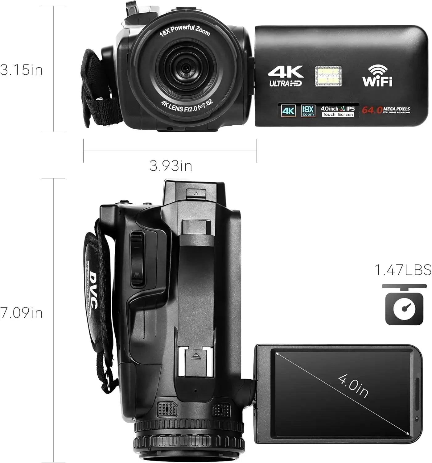 UHD 4k Video Camera Camcorder with 18X Digital Zoom,64MP Digital Camera Recorder,4.0 - inch Rotating Touchscreen,64GB SD Card,Micr - Ai - TechWorld