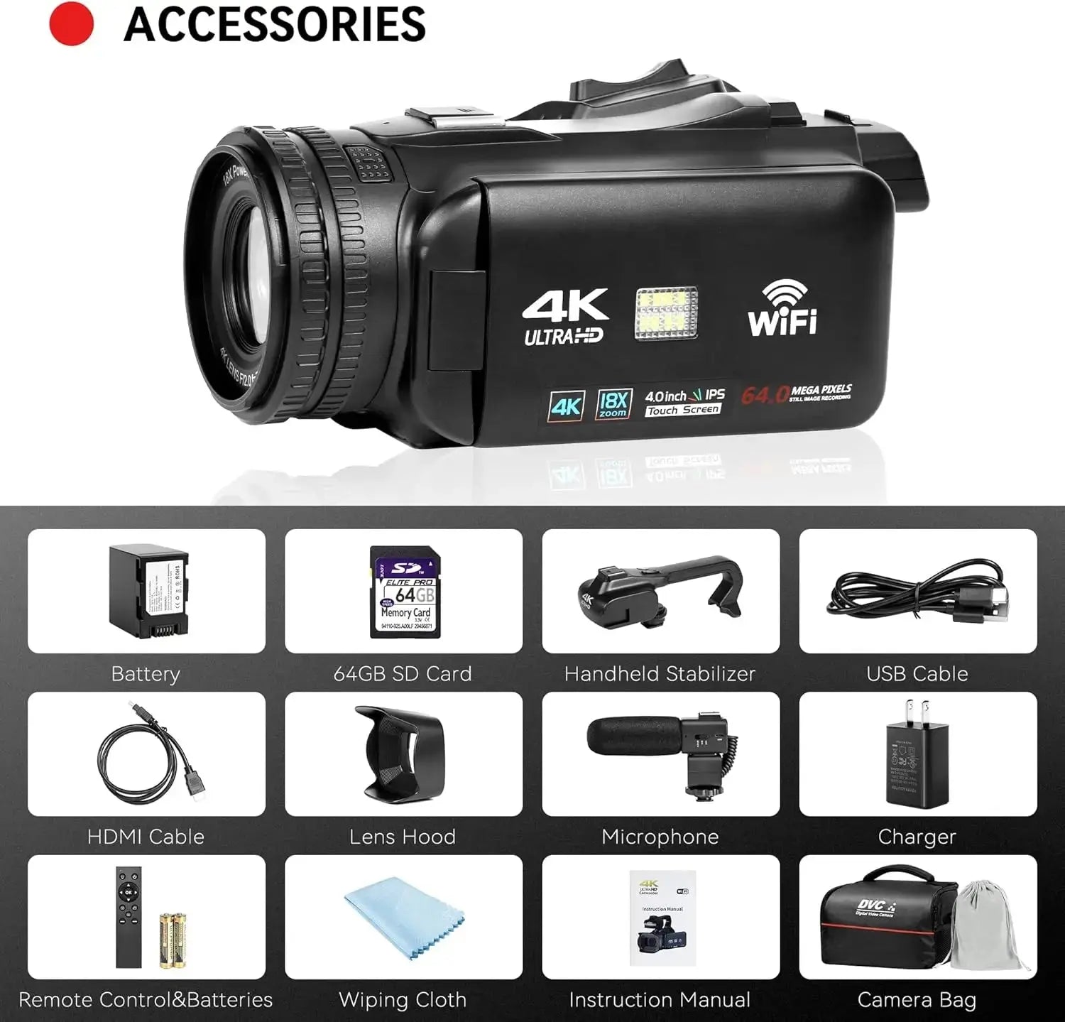 UHD 4k Video Camera Camcorder with 18X Digital Zoom,64MP Digital Camera Recorder,4.0 - inch Rotating Touchscreen,64GB SD Card,Micr - Ai - TechWorld
