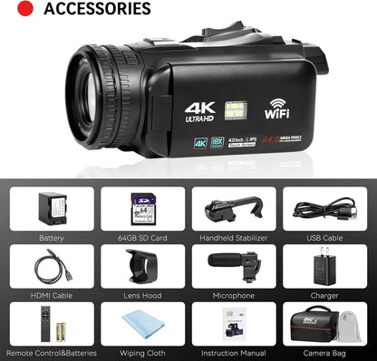 UHD 4k Video Camera Camcorder with 18X Digital Zoom,64MP Digital Camera Recorder,4.0 - inch Rotating Touchscreen,64GB SD Card,Micr - Ai - TechWorld
